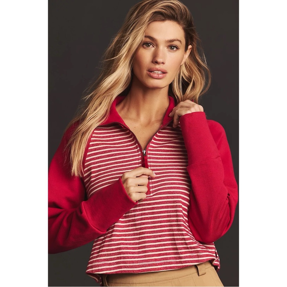 Anthropologie Pilcro Collared Half-Zip Cotton Sweatshirt in Pink & White Stripe